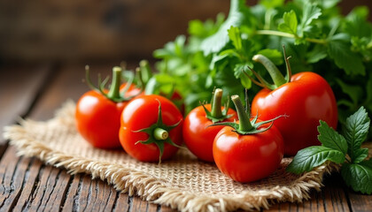 Fresh Ripe Tomatoes with Vibrant Herbs Artistically Arranged on Rustic Burlap. AI Generation