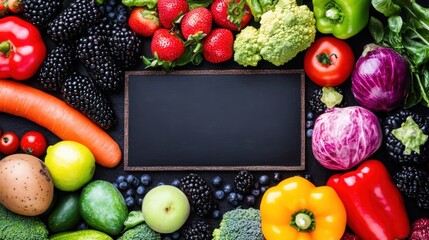 A blackboard with a blank space in the middle surrounded by a variety of fruits