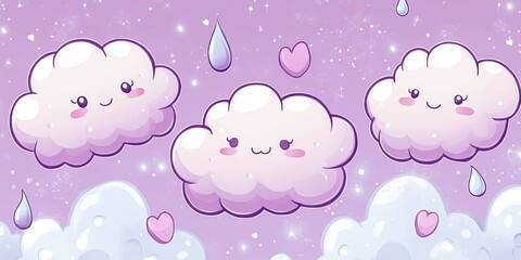 Cute clouds with smiling faces on purple fantasy sky