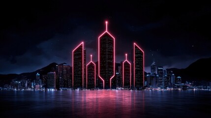 Neon Lights Illuminate Modern City Skyline at Night with Reflection in Calm Water Surface