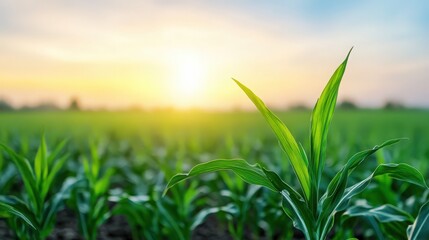Fototapeta premium A field of green corn with a sun shining on it