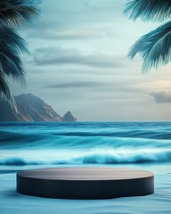 Obraz premium Stunning seascape view featuring a wooden platform against a backdrop of tranquil waves and palm trees during twilight hours at a serene beach location