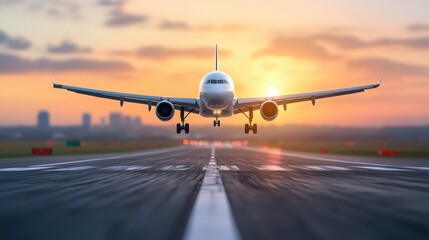 Fototapeta premium A large white airplane is taking off from an airport runway