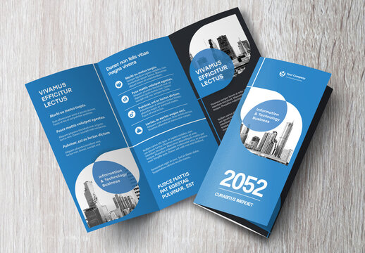 Corporate brochure design template &ndash; Professional modern tri-fold leaflet with geometric layout and business theme in Blue and Black.