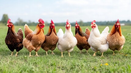 Fototapeta premium A group of chickens standing in a field