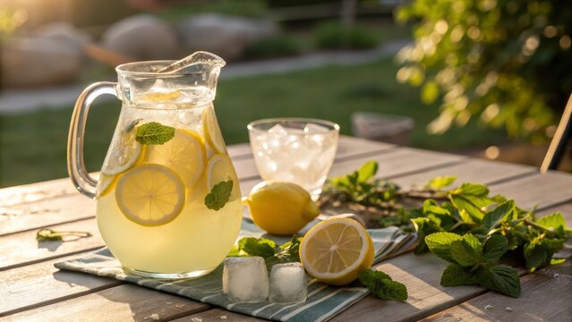 Refreshing Summer Lemonade: A pitcher of homemade lemonade with fresh lemon slices and mint leaves sits on a wooden table outdoors, invitingly cool on a warm summer day.
