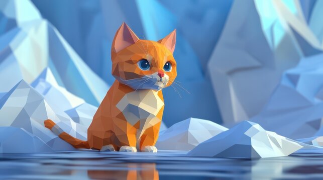 A low poly cartoon cat rests among frosty structures within a vibrant landscape, showcasing a delightful mix of blue and white hues all around
