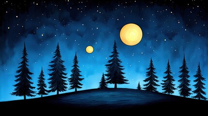Fototapeta premium Enchanting Night Sky with Stars and Two Large Moons Over Silhouette of Pine Trees