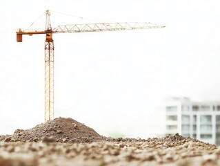 A construction crane stands over a mound of dirt, symbolizing ongoing building projects.