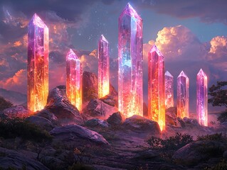Fototapeta premium A crystal stone forest features smooth-edged pillars set against a bright, colorful background