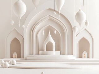 Fototapeta premium Minimalist White Architectural Design With Hanging Ornaments