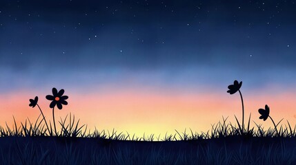 Silhouette of Flowers Against a Starry Night Sky with Gradient Sunset Colors