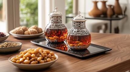 A minimalistic setup featuring two ornate teapots filled with tea, surrounded by traditional sweets and snacks on a wooden table