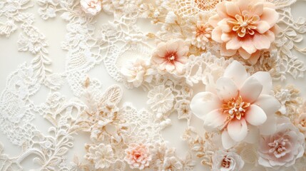 Elegant vintage wedding invitation with soft pastel floral lace and intricate details
