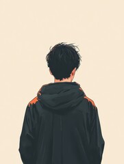 Young boy stands facing away in a quiet, minimalistic setting, showcasing a unique hairstyle and casual clothing against a softly colored background