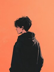 Boy with curly hair standing against a vibrant orange background during a calm evening, exuding a sense of contemplation and tranquility in a creative artistic style