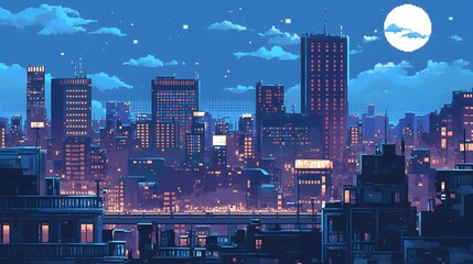 A retro pixel art background of a cityscape at night, evoking a nostalgic game environment.
