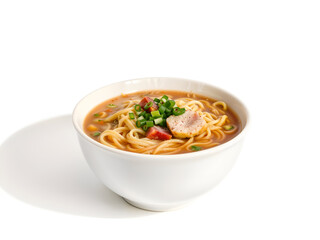 A steaming bowl of ramen noodles with vibrant garnish, symbolizing comfort food and delicious meals isolated on white background. Generative AI