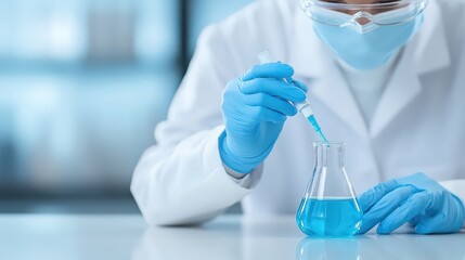 A scientist is pouring a blue liquid into a beaker