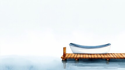 Tranquil Scene of a White Boat on a Wooden Dock Over Calm Waters in Soft Pastel Colors