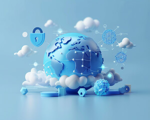 Obraz premium A cybersecurity-themed illustration of Earth secured by a padlock, surrounded by cloud technology elements.