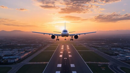 A white airplane is flying over a city at sunset