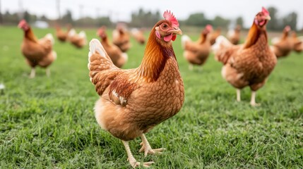 Fototapeta premium A group of chickens are standing in a field
