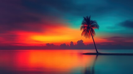 Fototapeta premium Vibrant sunset with warm colors reflecting on serene waters and a lone palm tree silhouette against the colorful sky, creating a tranquil and picturesque landscape