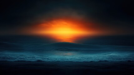 Fototapeta premium The stunning contrast of vivid blue ocean waves crashing against the shore, coupled with a glowing horizon at sunset, creates a dreamlike vacation atmosphere that envelops the tranquil beach setting