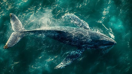 Fototapeta premium Majestic Whale Tail Silhouette Emerging Amidst Rippling Oceans, Captured from Above, Showcasing the Beauty of Marine Life in Stunning Detail