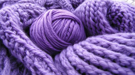 Purple Yarn Ball and Knitted Fabric Texture Close Up