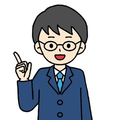 指差しをするスーツの男性