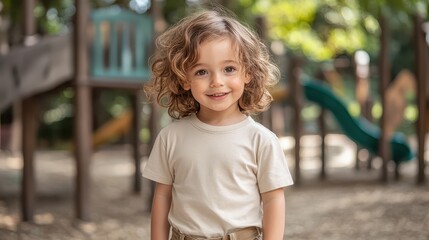 On a bright and sunny afternoon, a joyful toddler happily plays in the playground, dressed in a casual t-shirt and khaki pants, enjoying the outdoor fun