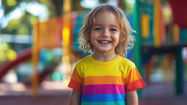 A cheerful toddler is having a blast during playtime at the park, wearing a colorful striped t-shirt. The radiant sunshine adds to the joyful atmosphere as they play!