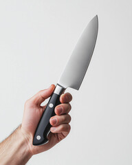a male hand holding a high-end chef’s knife with a stainless steel blade and a black ergonomic handle