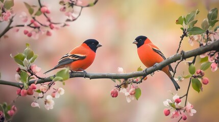 Fototapeta premium Two birds perched on blossoming branch, spring garden