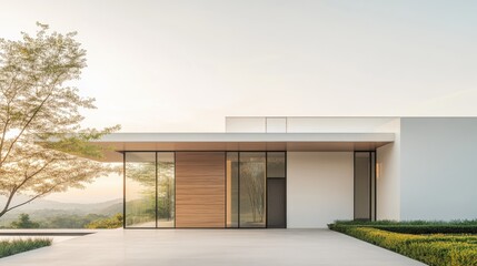 Modern minimalist house with glass facade in serene natural landscape setting at sunset