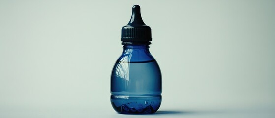 A blue plastic bottle with a black dropper top