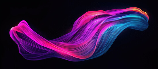 A swirling, fluid trail of neon light in gradient hues of cyan, pink, and purple, twisting and spiraling with sharp glowing edges