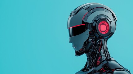 A futuristic robotic head with sleek design and glowing accents against a blue background.