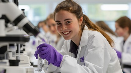 A smiling young woman in a lab coat holds a graduated cylinder, surrounded by microscopes and fellow students in a bright laboratory