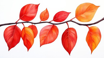 Obraz premium Vibrant Red and Orange Leaves on a Branch Illustrating the Beauty of Autumn Foliage