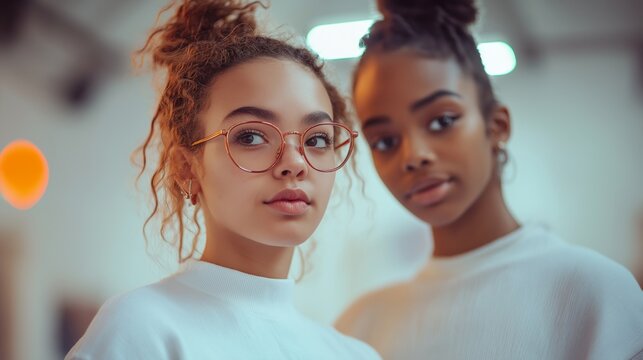 Two young women of diverse ethnicities collaborate on a project in a warm-lit, minimalistic setting - Powered by Adobe