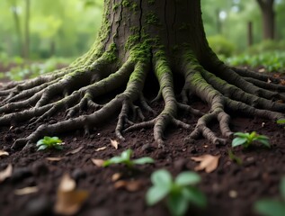 Obraz premium Tree roots in soil close up