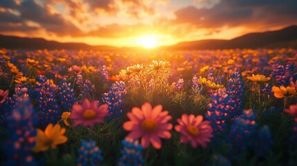 Vibrant sunset over blossoming wildflower field in serene mountain valley