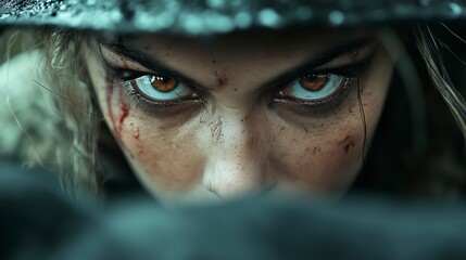 A woman with red eyes and a bloody face. The woman is wearing a black hat and has a dark expression on her face. AI generated.