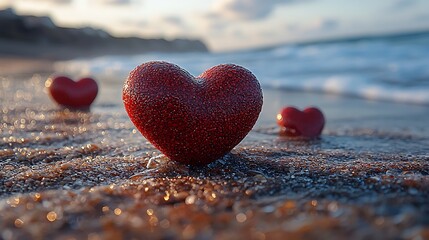 Fototapeta premium Romantic Beach Sunset Red Hearts on Sandy Shore