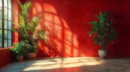 Obraz premium Modern interior with plants and vibrant red walls