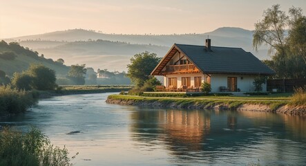 Obraz premium Bungalow by a calm river with distant hills in the background