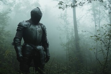 Fototapeta premium Mysterious knight stands in misty forest under soft light
